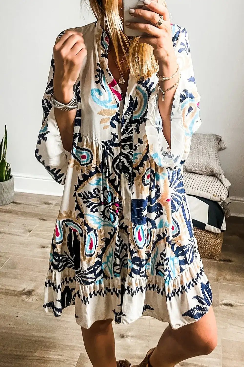 Printed Notched Three - Quarter Sleeve Mini Dress - Bela Fils BoutiqueBela Fils Boutique